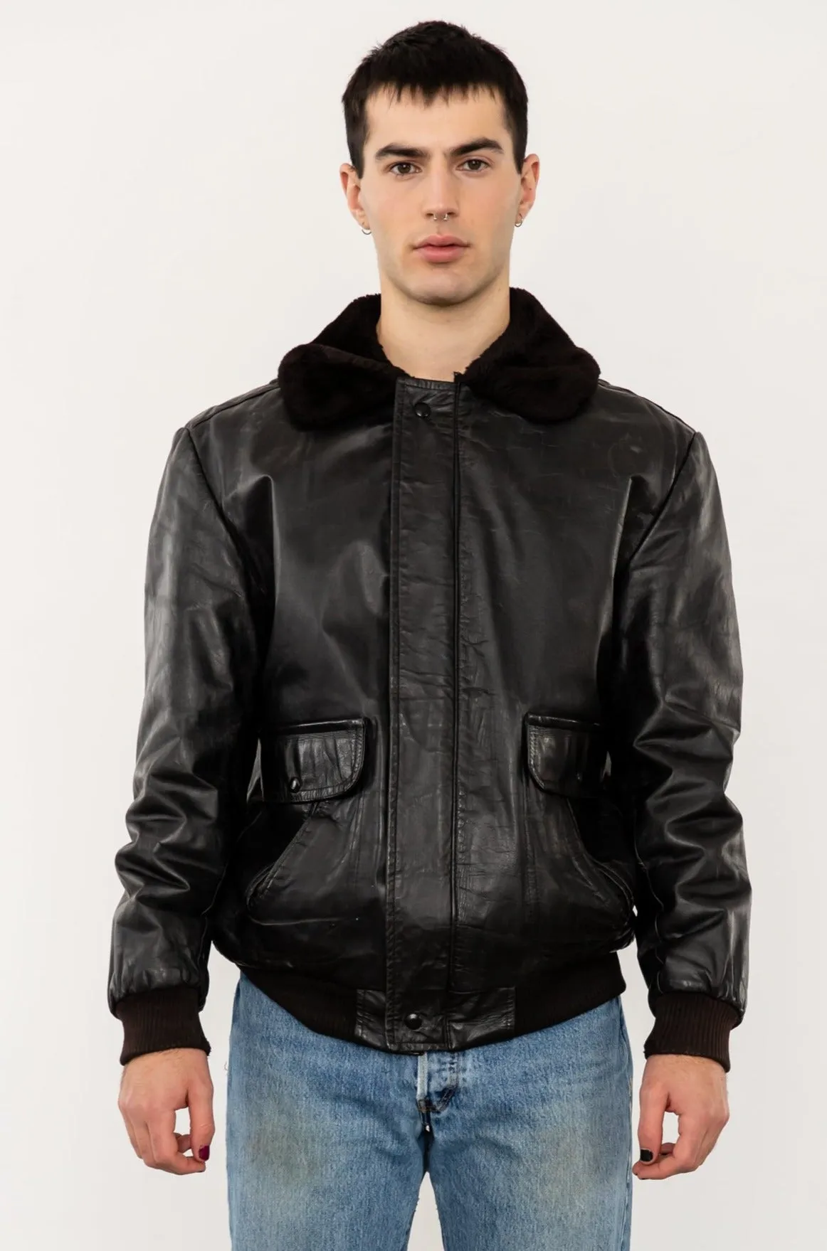 1980's G1 Flight Bomber Aviator Style Leather Jacket with Shearling Collar by Fiori