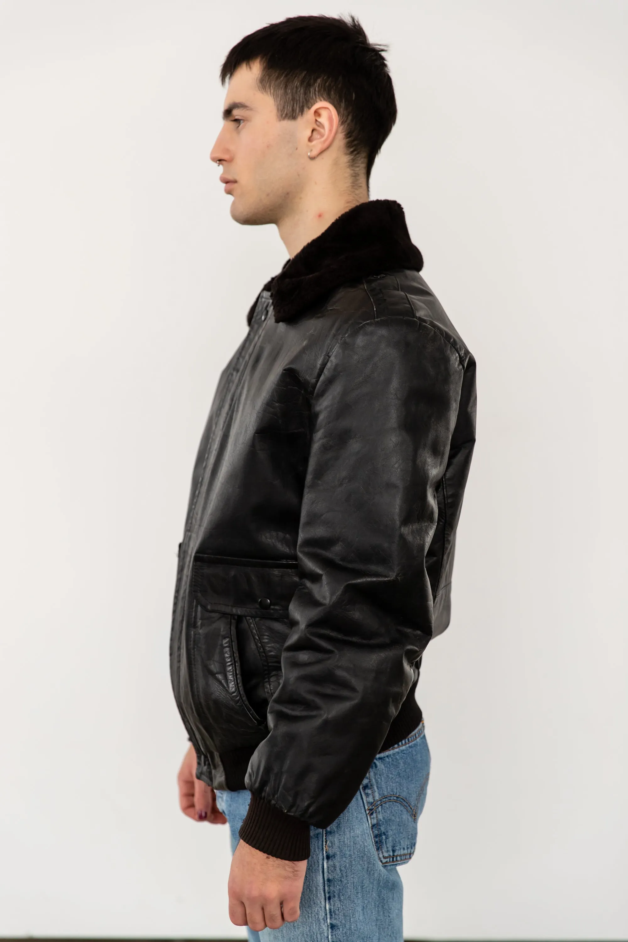 1980's G1 Flight Bomber Aviator Style Leather Jacket with Shearling Collar by Fiori