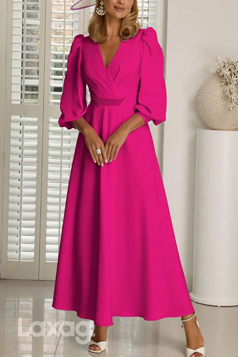 22671 - A-Line V-Neck Quarter Sleeves Sleek Satin Mother of the Bride Dress