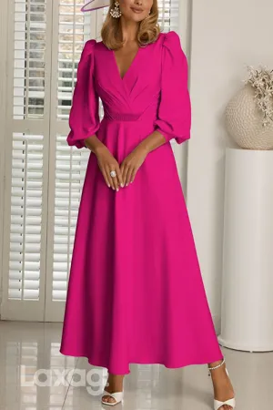 22671 - A-Line V-Neck Quarter Sleeves Sleek Satin Mother of the Bride Dress
