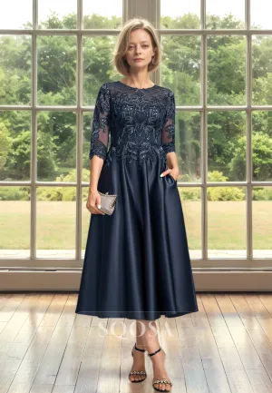 3/4 Sleeves Scoop-Neck Applique A-Line Mother of the Bride Dress Pleated Beaded Cutout Satin Cocktail Gowns