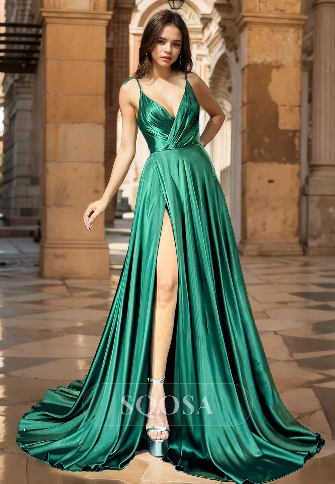 A-Line Spaghetti Straps Off-Shoulder Deep V-Neck Pleated Chiffon Train Prom Dress with High Slit