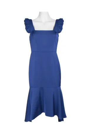 Aidan Mattox Square Neck Ruffled Shoulder Sleeveless High Low Hem Zipper Back Crepe Dress