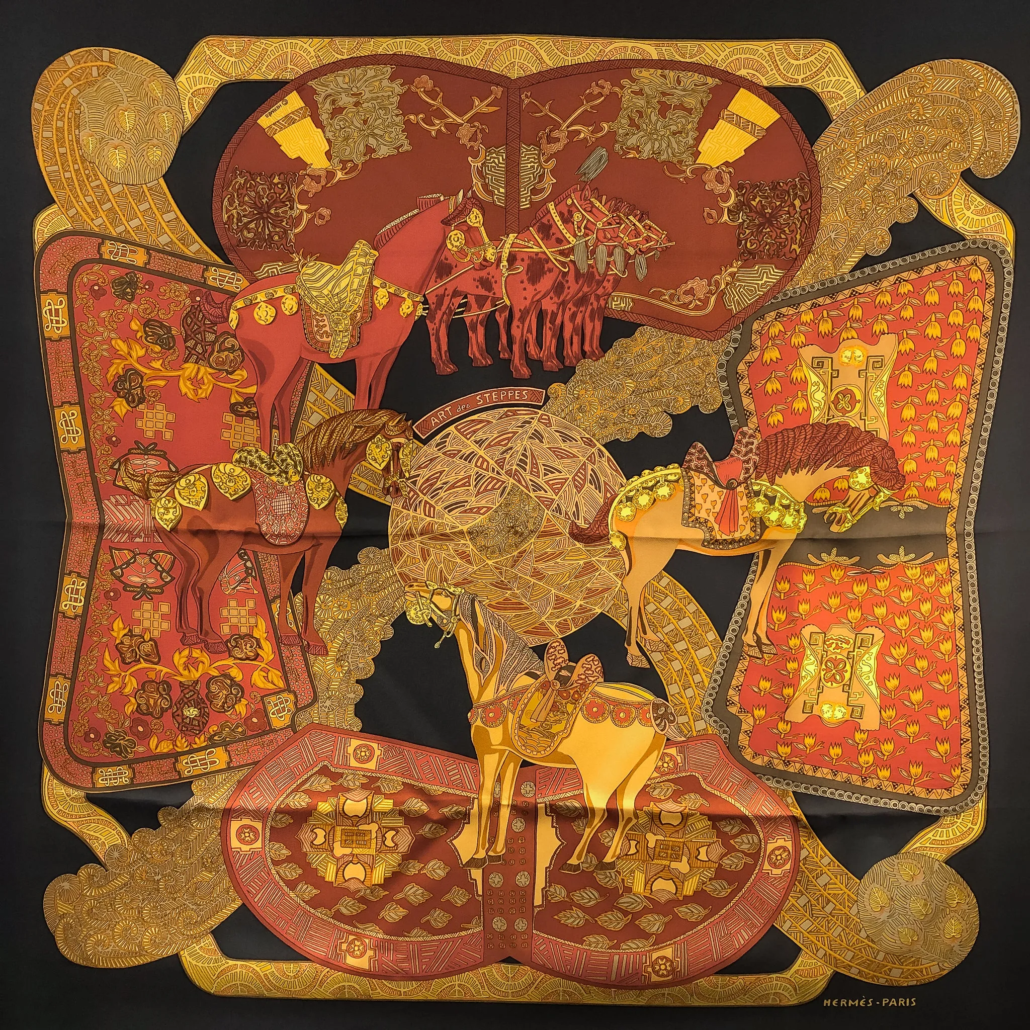 Art des Steppes Hermes Scarf by Annie Faivre 90cm Silk Twill Brown | Brick Col.