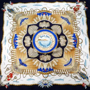 Authentic Vintage Hermes Silk Scarf Railing Navy White Stunning