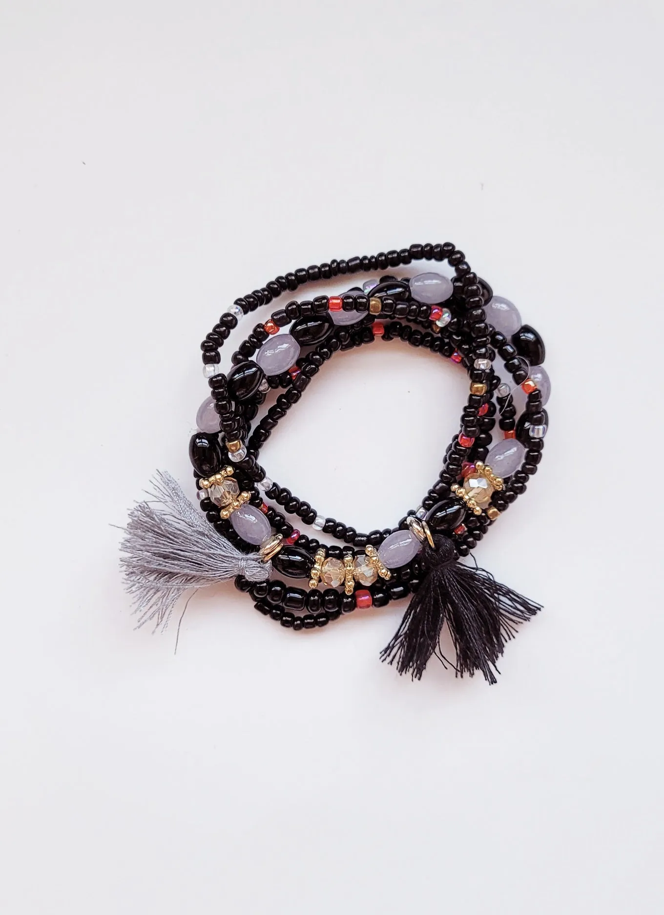 Black and gray beaded Bohemian elasticized bead bracelet