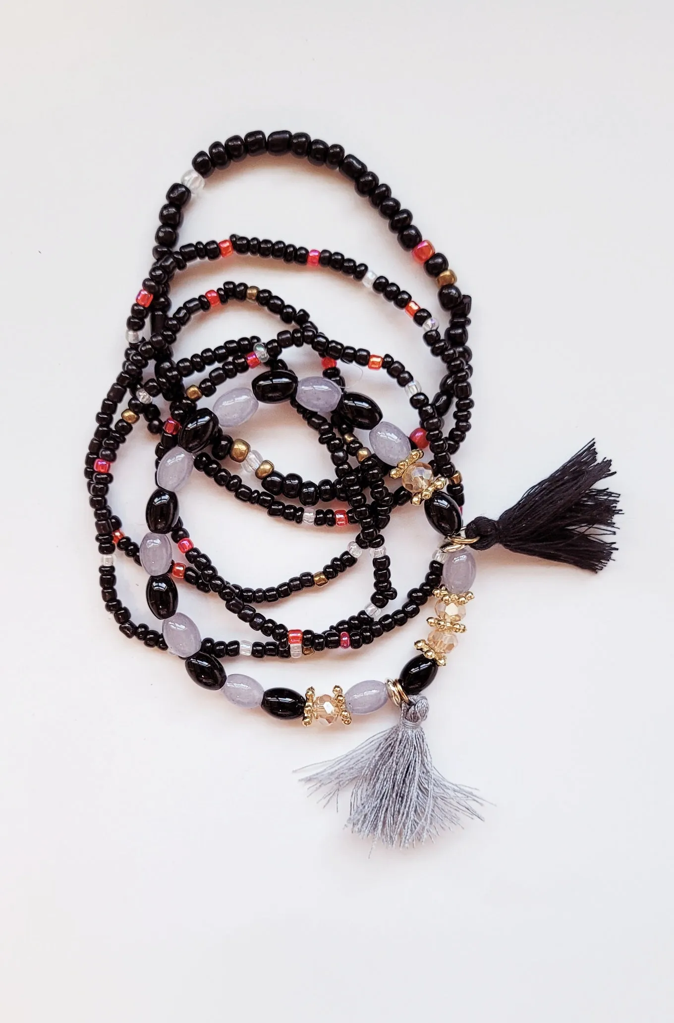Black and gray beaded Bohemian elasticized bead bracelet