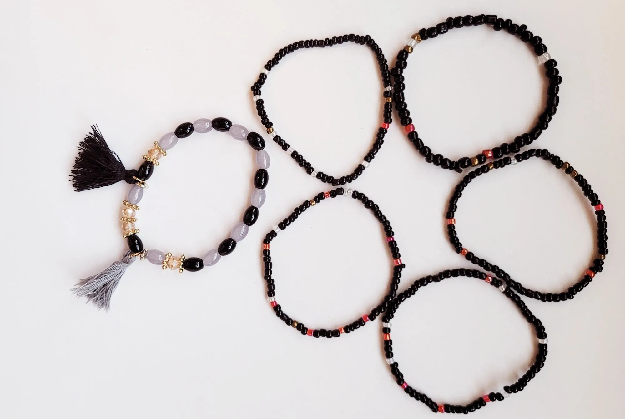 Black and gray beaded Bohemian elasticized bead bracelet