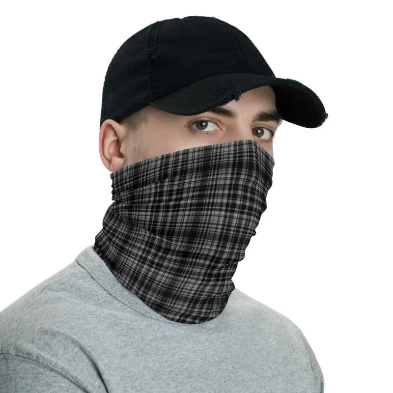 Black Plaid Print Face Mask Shield, Headband Cool Bandana Neck Gaiter-Made in USA/EU