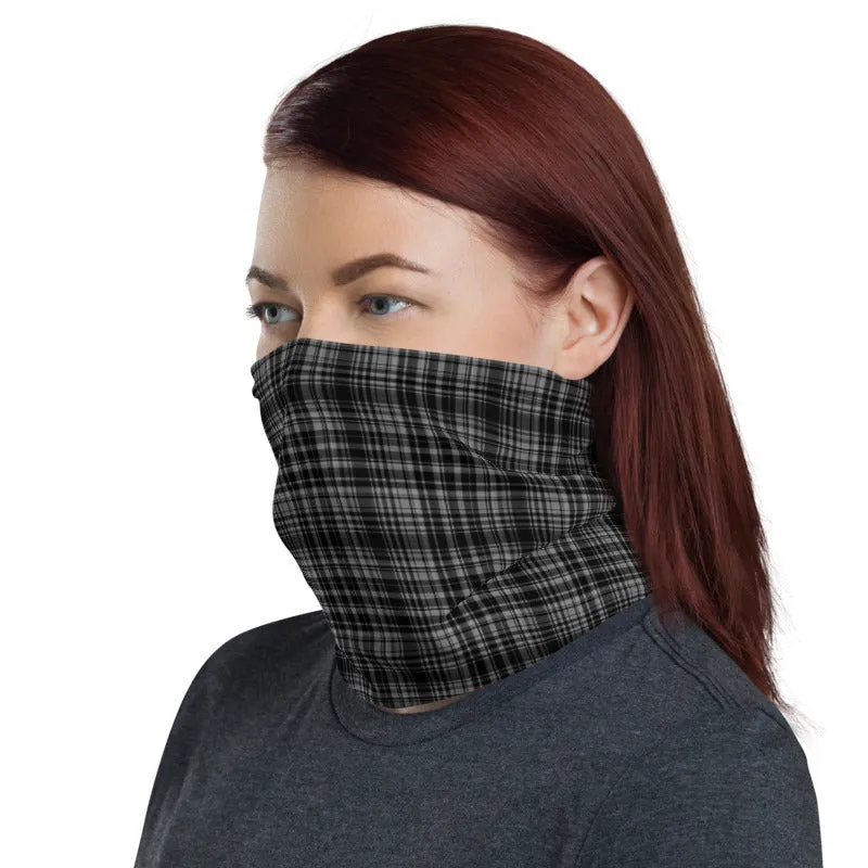 Black Plaid Print Face Mask Shield, Headband Cool Bandana Neck Gaiter-Made in USA/EU