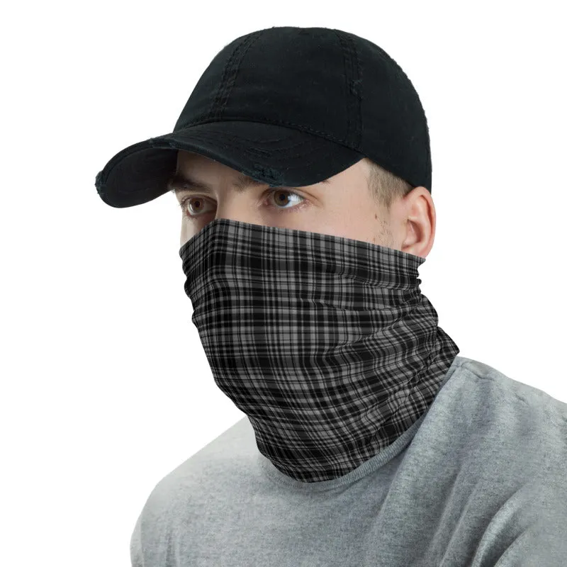 Black Plaid Print Face Mask Shield, Headband Cool Bandana Neck Gaiter-Made in USA/EU