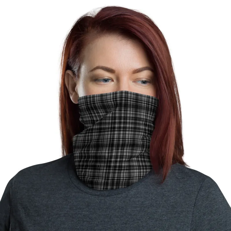 Black Plaid Print Face Mask Shield, Headband Cool Bandana Neck Gaiter-Made in USA/EU
