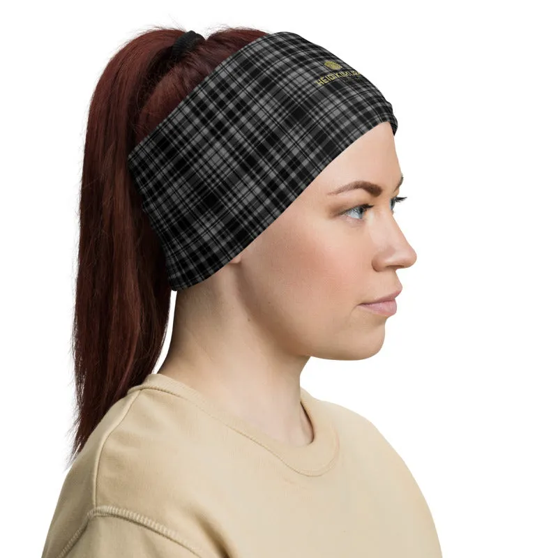Black Plaid Print Face Mask Shield, Headband Cool Bandana Neck Gaiter-Made in USA/EU