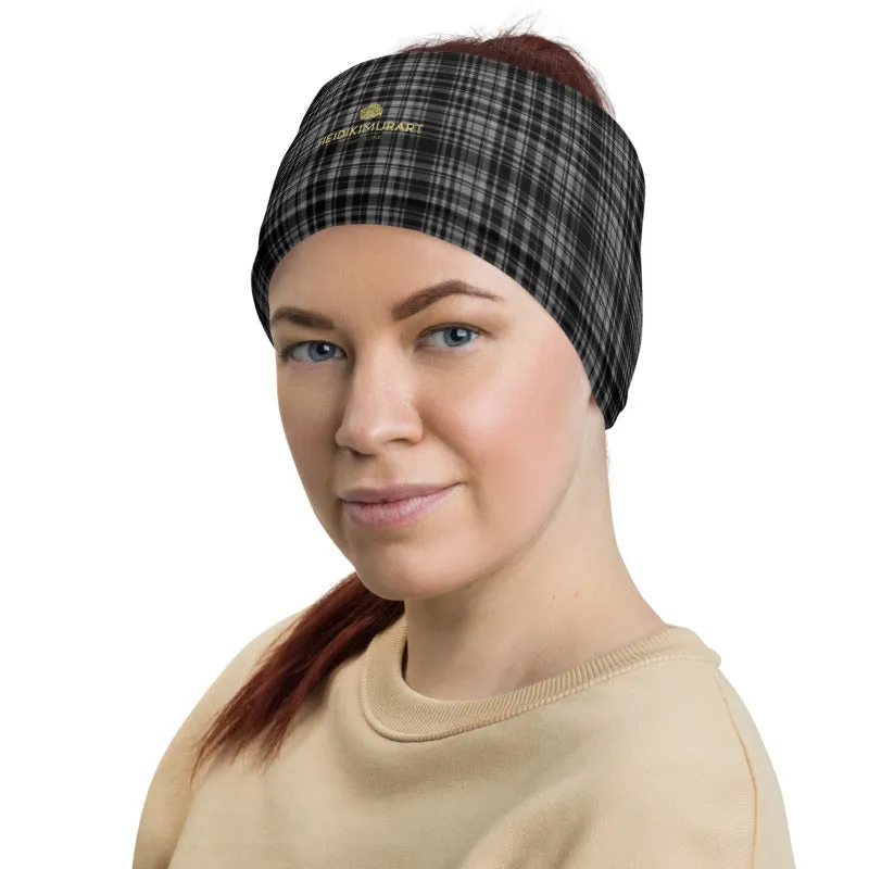 Black Plaid Print Face Mask Shield, Headband Cool Bandana Neck Gaiter-Made in USA/EU