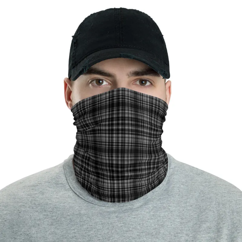 Black Plaid Print Face Mask Shield, Headband Cool Bandana Neck Gaiter-Made in USA/EU