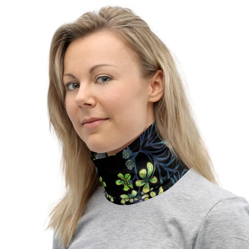 Black Yellow Orchids Face Mask, Floral Print Bandana Washable Neck Gaiter-Printed in USA/EU