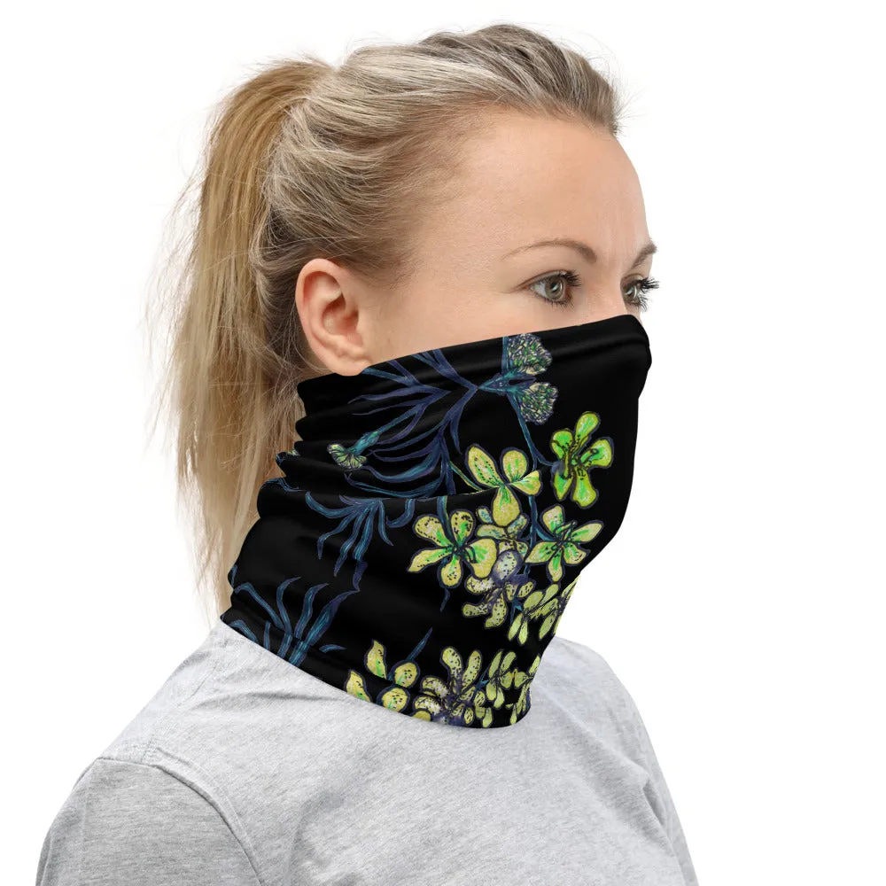 Black Yellow Orchids Face Mask, Floral Print Bandana Washable Neck Gaiter-Printed in USA/EU