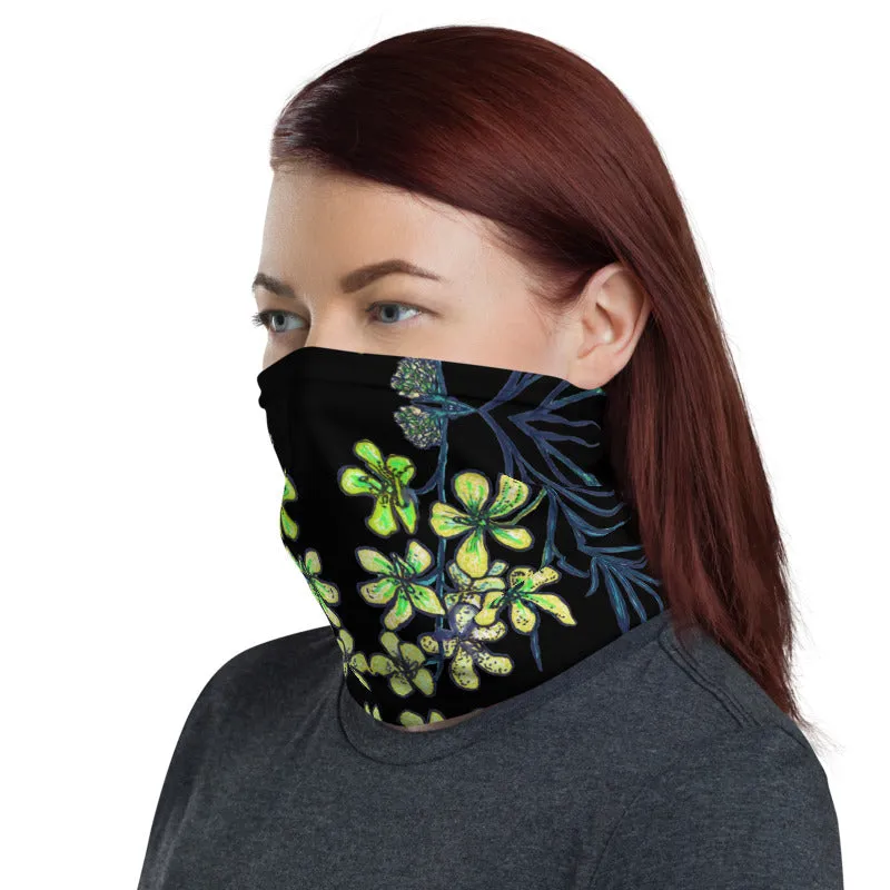 Black Yellow Orchids Face Mask, Floral Print Bandana Washable Neck Gaiter-Printed in USA/EU