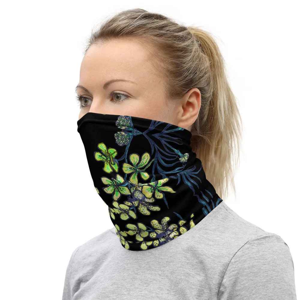 Black Yellow Orchids Face Mask, Floral Print Bandana Washable Neck Gaiter-Printed in USA/EU