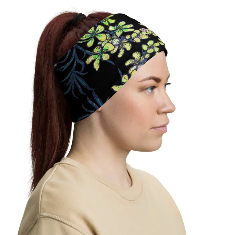 Black Yellow Orchids Face Mask, Floral Print Bandana Washable Neck Gaiter-Printed in USA/EU