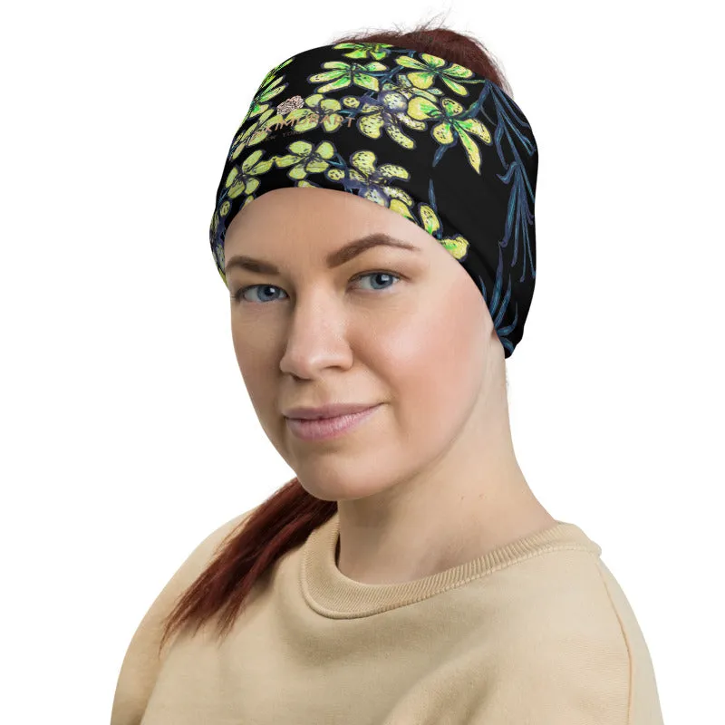Black Yellow Orchids Face Mask, Floral Print Bandana Washable Neck Gaiter-Printed in USA/EU