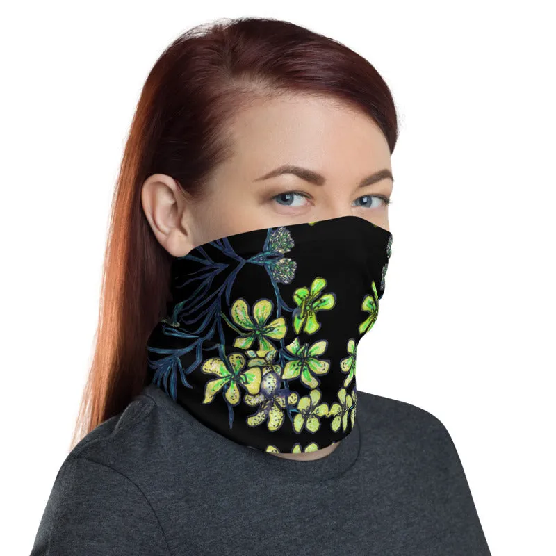 Black Yellow Orchids Face Mask, Floral Print Bandana Washable Neck Gaiter-Printed in USA/EU