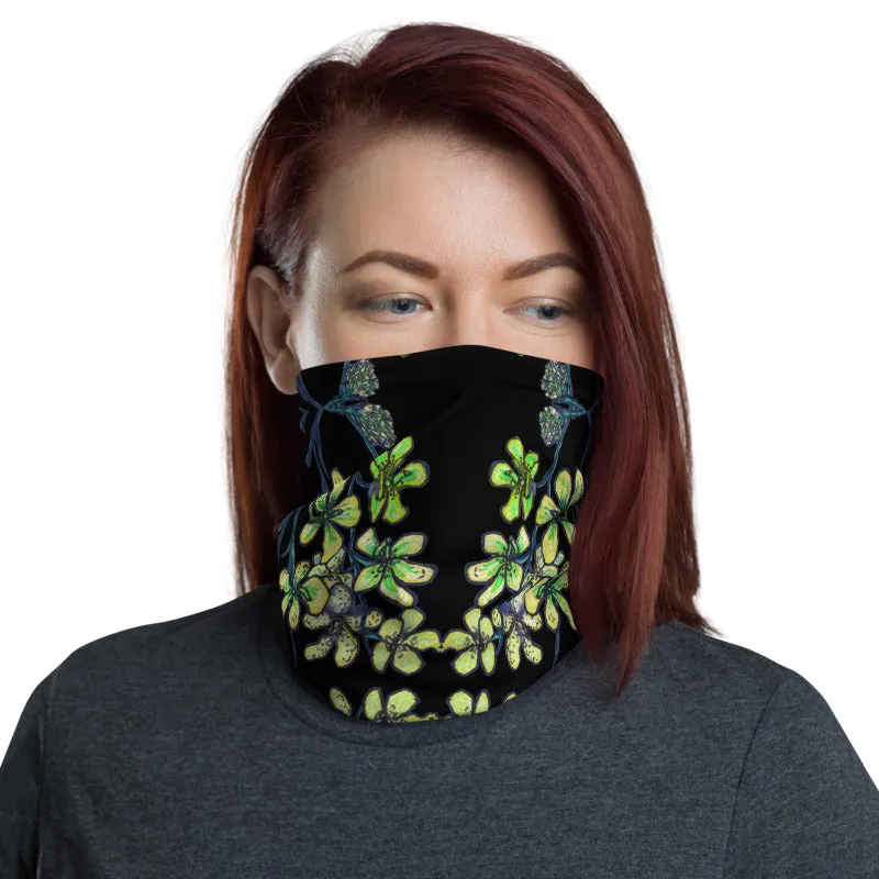 Black Yellow Orchids Face Mask, Floral Print Bandana Washable Neck Gaiter-Printed in USA/EU