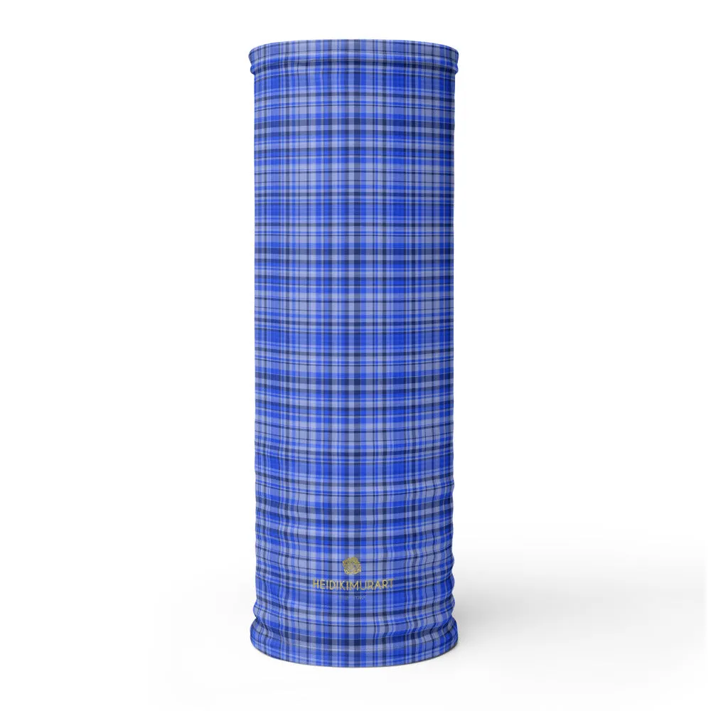 Blue Plaid Face Mask Shield, Tartan Print Headband Bandana Neck Gaiter-Made in USA/EU