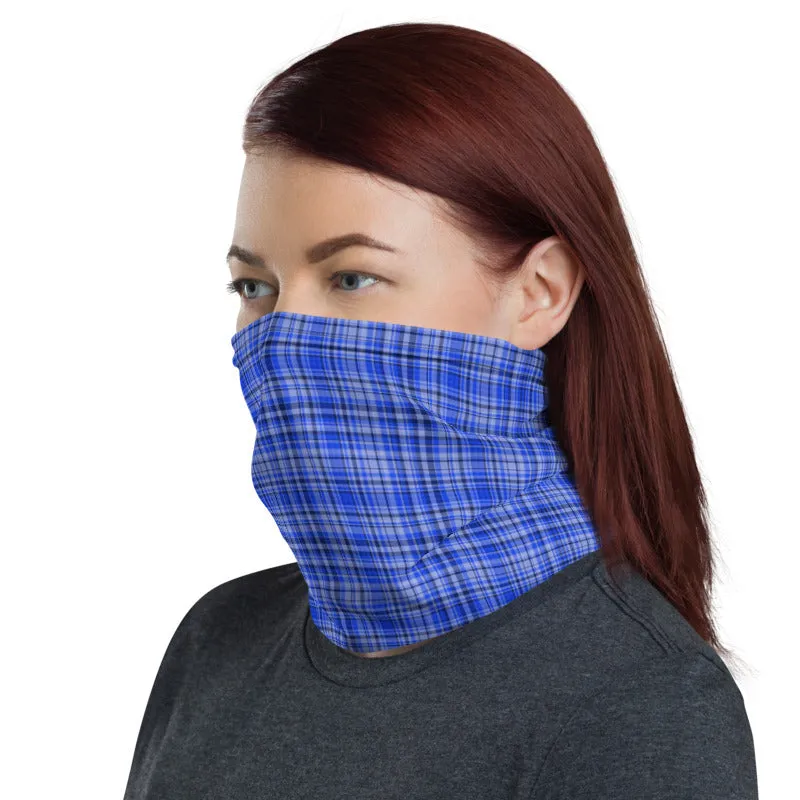 Blue Plaid Face Mask Shield, Tartan Print Headband Bandana Neck Gaiter-Made in USA/EU