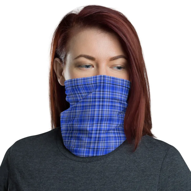 Blue Plaid Face Mask Shield, Tartan Print Headband Bandana Neck Gaiter-Made in USA/EU