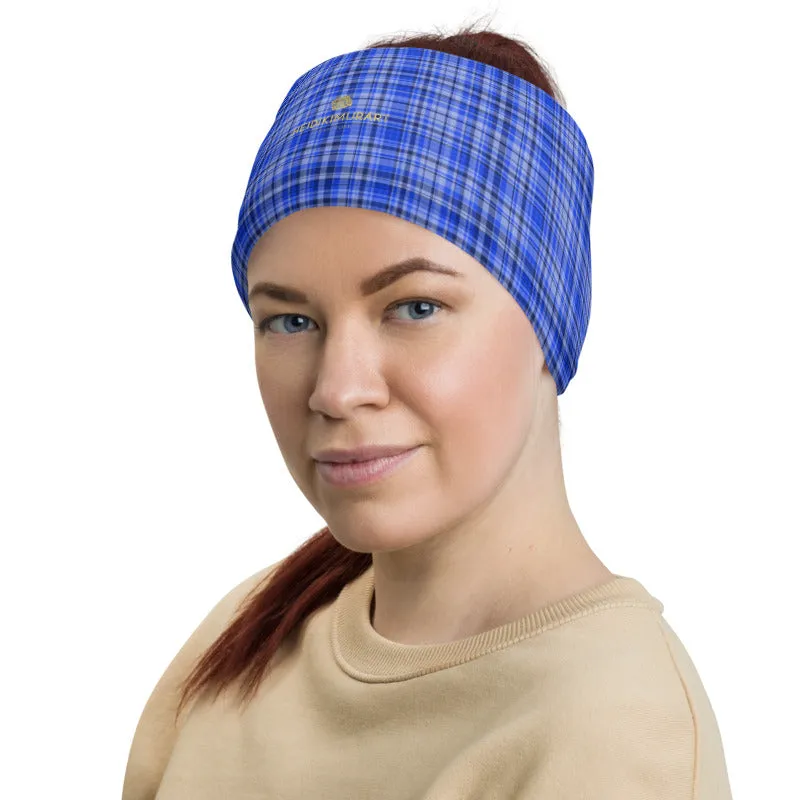 Blue Plaid Face Mask Shield, Tartan Print Headband Bandana Neck Gaiter-Made in USA/EU