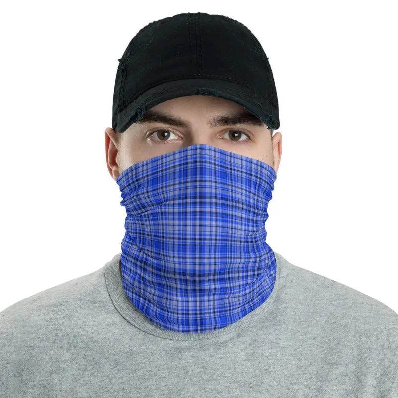 Blue Plaid Face Mask Shield, Tartan Print Headband Bandana Neck Gaiter-Made in USA/EU