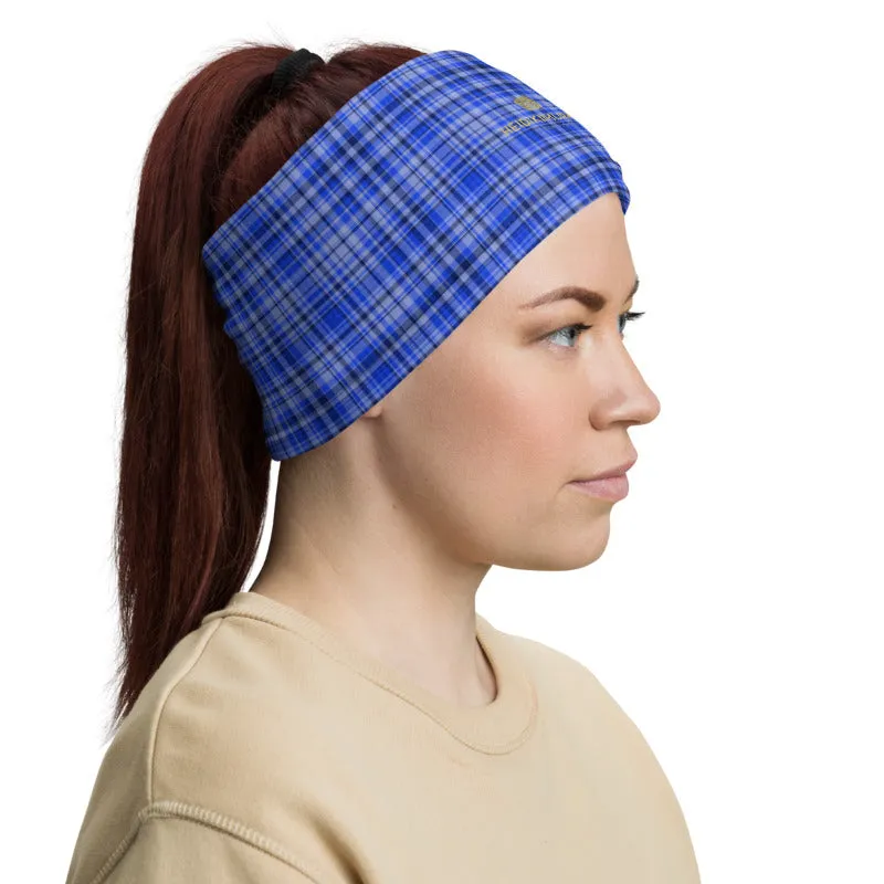 Blue Plaid Face Mask Shield, Tartan Print Headband Bandana Neck Gaiter-Made in USA/EU