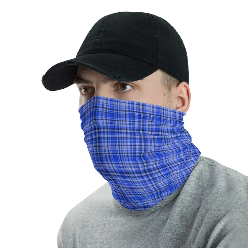 Blue Plaid Face Mask Shield, Tartan Print Headband Bandana Neck Gaiter-Made in USA/EU