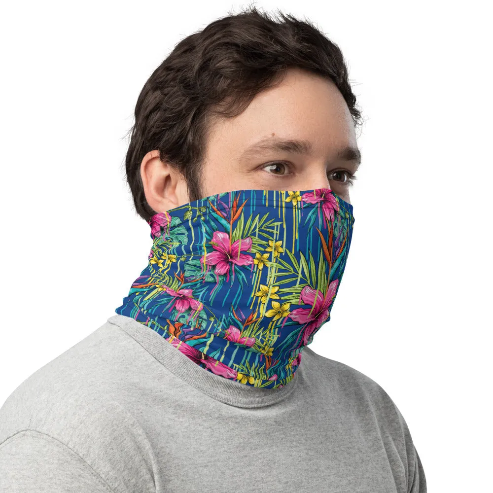 Blue Red Tropical Floral Neck Gaiter, Red Flower Print Bandana Face Mask-Made in USA/EU