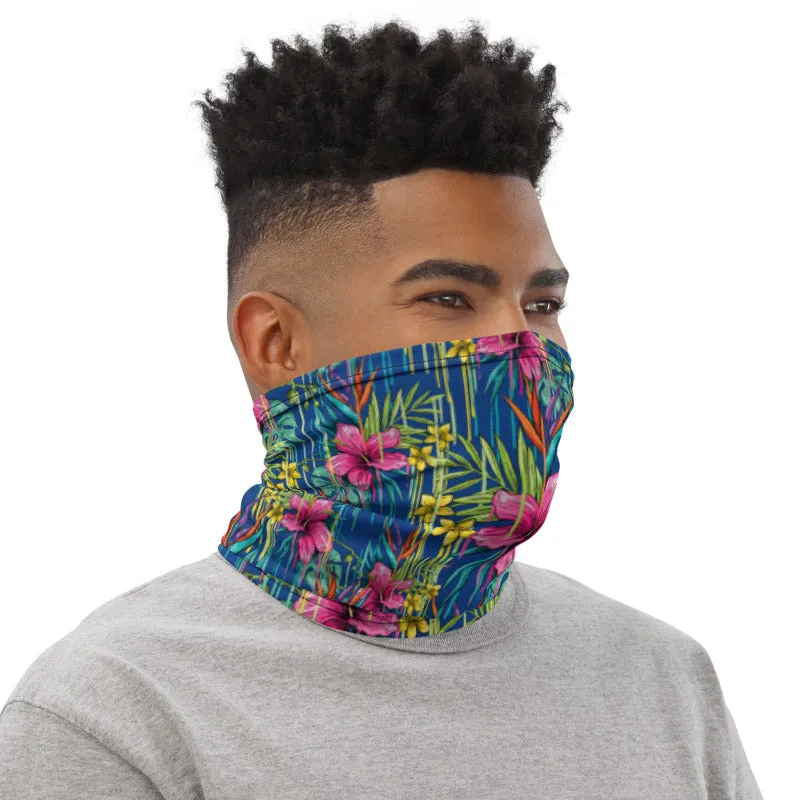 Blue Red Tropical Floral Neck Gaiter, Red Flower Print Bandana Face Mask-Made in USA/EU