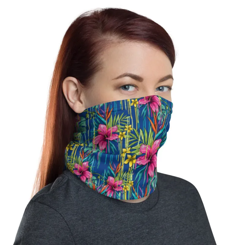 Blue Red Tropical Floral Neck Gaiter, Red Flower Print Bandana Face Mask-Made in USA/EU