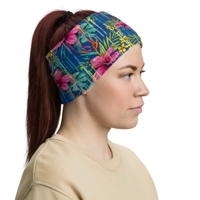 Blue Red Tropical Floral Neck Gaiter, Red Flower Print Bandana Face Mask-Made in USA/EU