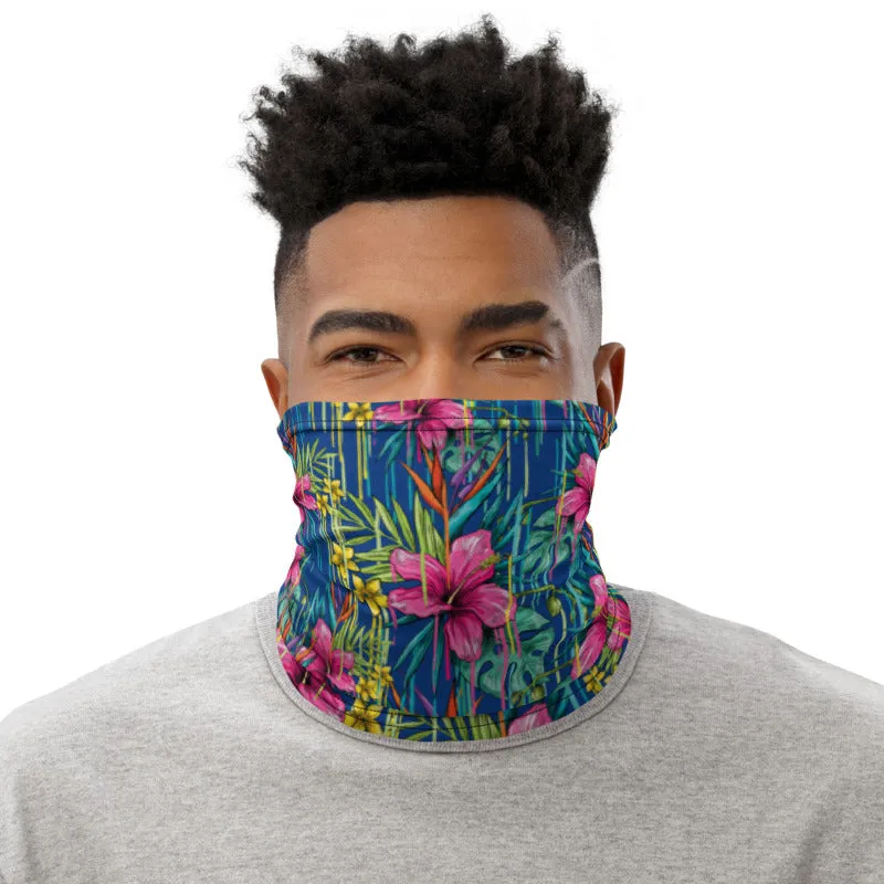 Blue Red Tropical Floral Neck Gaiter, Red Flower Print Bandana Face Mask-Made in USA/EU