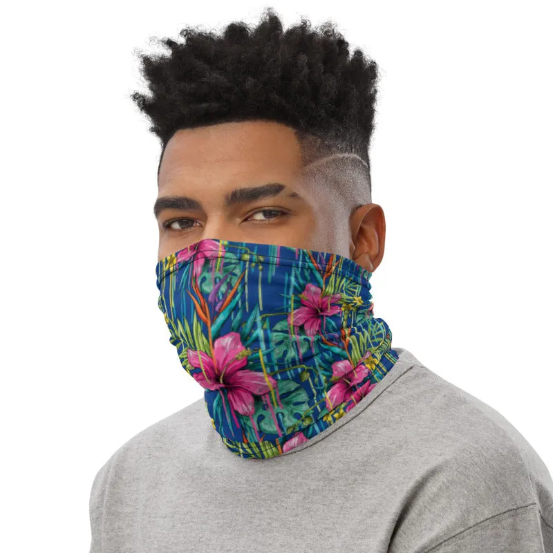 Blue Red Tropical Floral Neck Gaiter, Red Flower Print Bandana Face Mask-Made in USA/EU