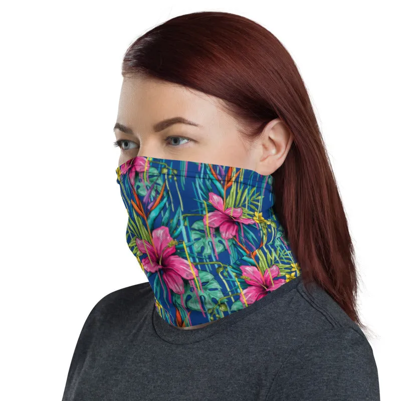 Blue Red Tropical Floral Neck Gaiter, Red Flower Print Bandana Face Mask-Made in USA/EU