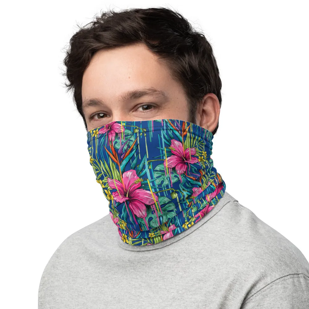 Blue Red Tropical Floral Neck Gaiter, Red Flower Print Bandana Face Mask-Made in USA/EU