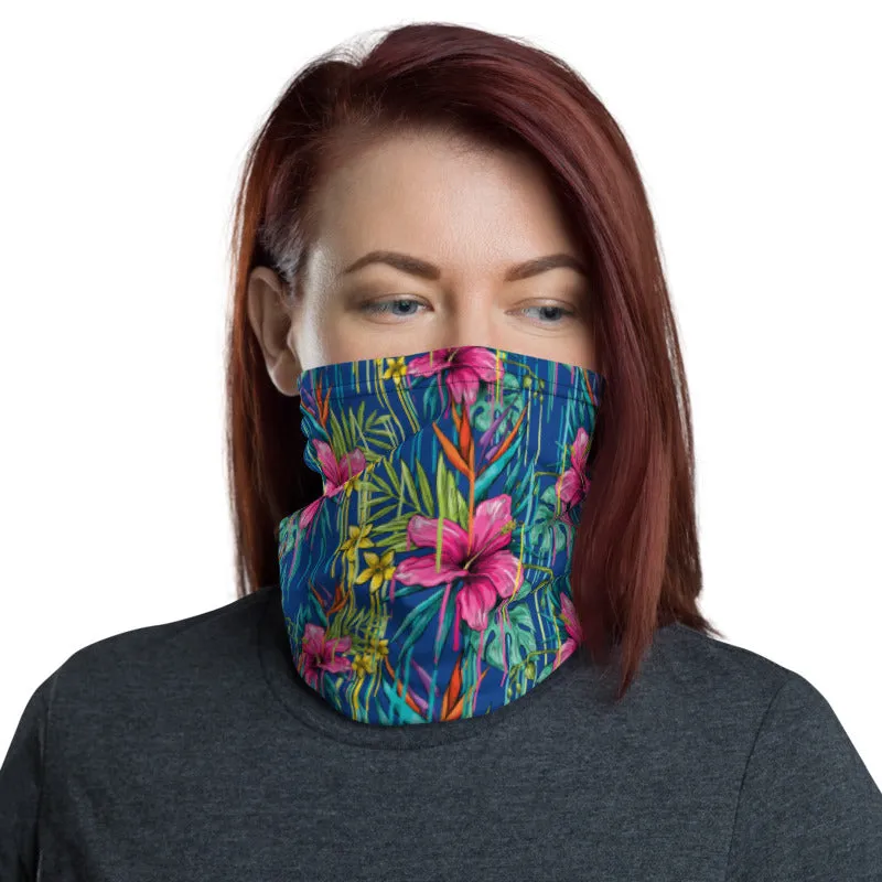 Blue Red Tropical Floral Neck Gaiter, Red Flower Print Bandana Face Mask-Made in USA/EU