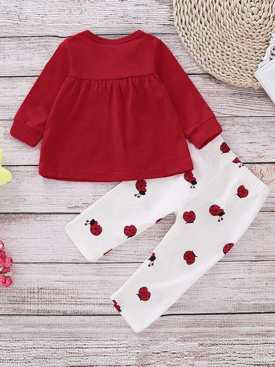 Bow Ladybird  Print Red Top Pants 2-Piece Baby Girl Cute Outfit