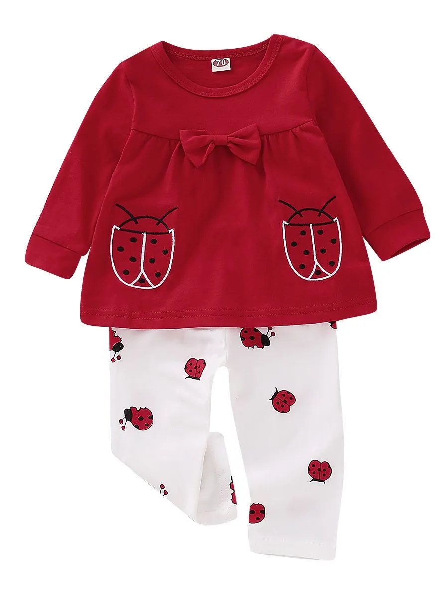 Bow Ladybird  Print Red Top Pants 2-Piece Baby Girl Cute Outfit
