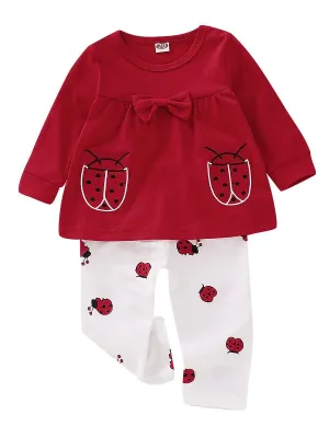 Bow Ladybird  Print Red Top Pants 2-Piece Baby Girl Cute Outfit