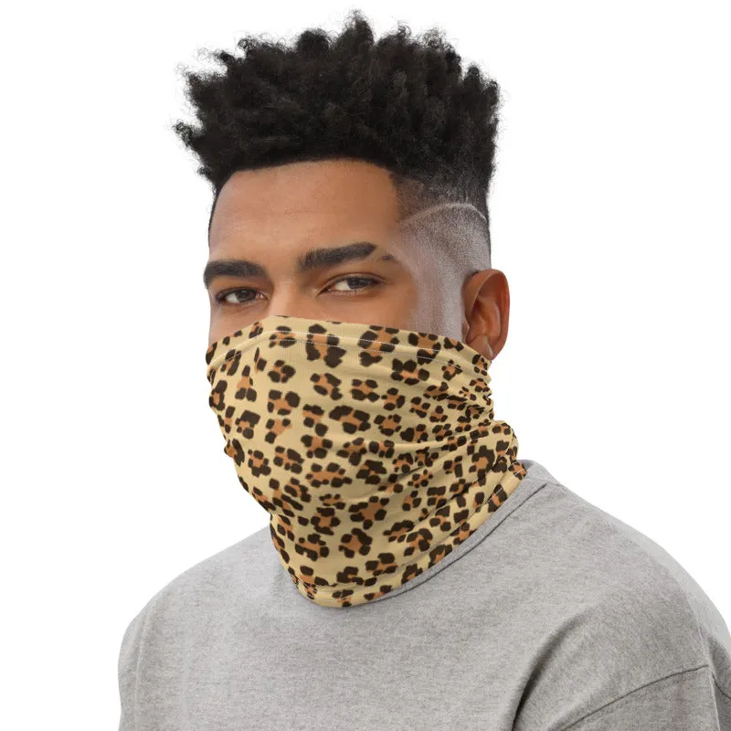 Brown Leopard Neck Gaiter, Animal Print Unisex Face Shield Bandana, Headband-Made in USA/EU