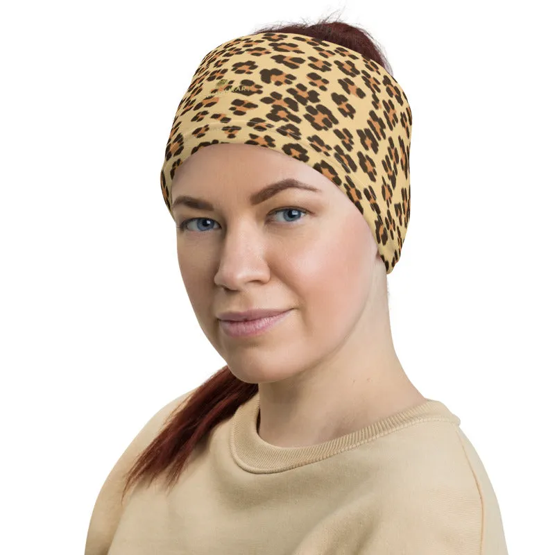 Brown Leopard Neck Gaiter, Animal Print Unisex Face Shield Bandana, Headband-Made in USA/EU