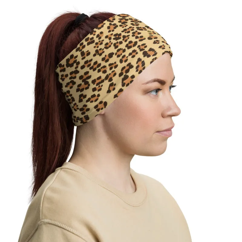 Brown Leopard Neck Gaiter, Animal Print Unisex Face Shield Bandana, Headband-Made in USA/EU