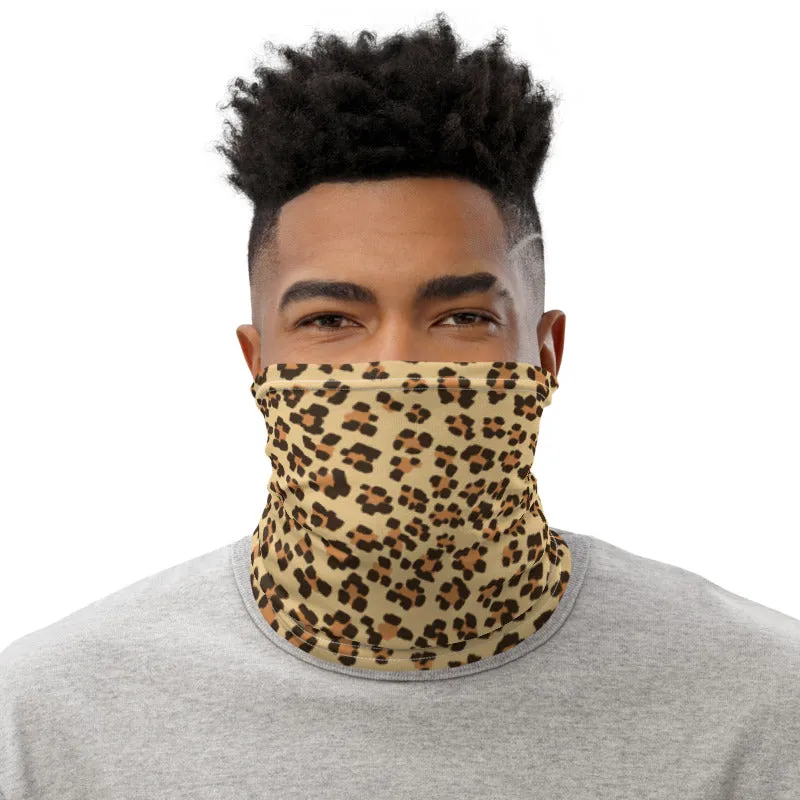 Brown Leopard Neck Gaiter, Animal Print Unisex Face Shield Bandana, Headband-Made in USA/EU